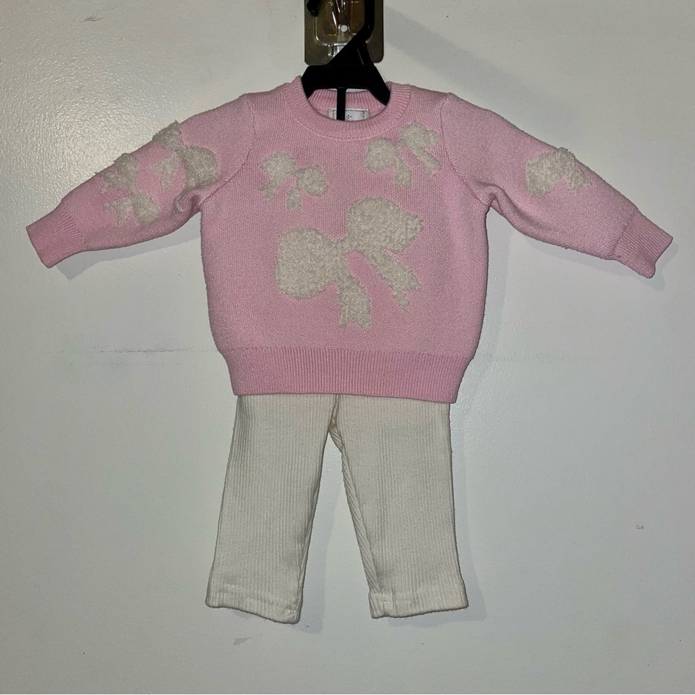 Pink Bow Knit Sweater Set with Cream Ribbed Pants